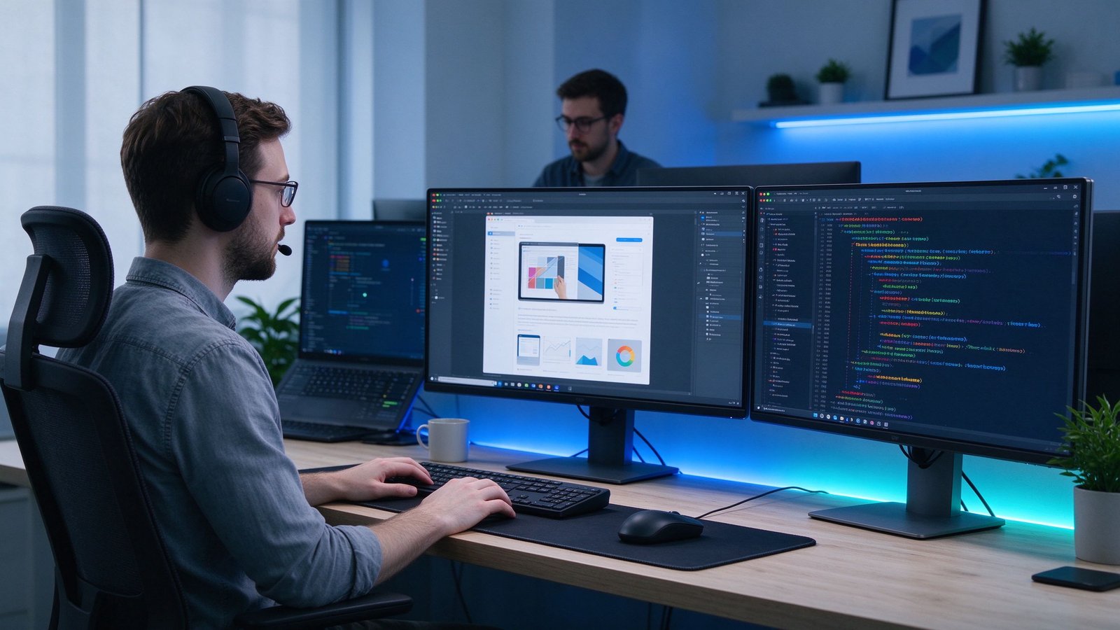 Software design workspace with UI mockups on multiple monitors